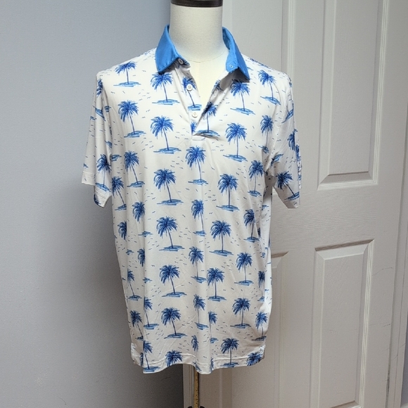 Puma White/Blue Palm Tree Print Polo Shirt Embroidered Founders Club Sleeve Sz M - Picture 1 of 9